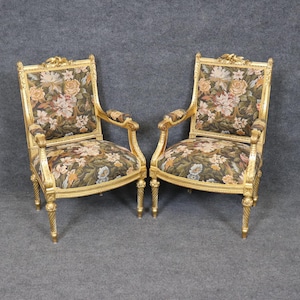 Antique Turn of the Century Pair of French Louis XVI Style Giltwood Open Armchairs, Accent Chairs, Lounge Chairs, Pair Chairs, Furniture