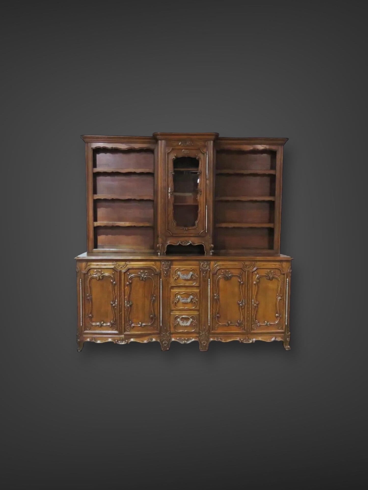 Large Unique Solid Walnut French Louis XV Carved China Cabinet