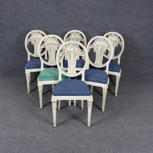 Vintage Set of 6 Directoire Style Paint Decorated Side Chairs, Dining Chairs, Parlor Chairs, Carved Chairs, Set Chairs, Furniture, Retro