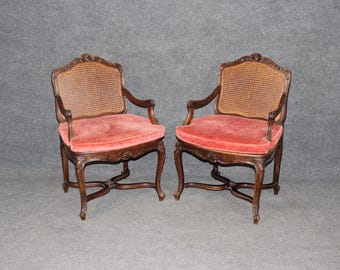 Pair of French Louis XV Carved Cane Back Armchairs C. 1900, Bergeres, Club Chairs, Lounge Chairs, Accent Chairs, Pair Chairs, Furniture