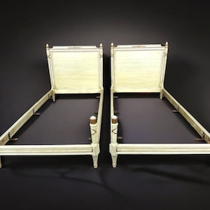 Vintage Pair of Carved Louis XVI Style Creme Paint Decorated Twin Beds, Antique Bed, Pair Beds, Bedroom Furniture, Furniture, Retro