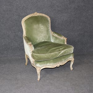 Antique 18th Century French Louis XV Paint Decorated Bergere, Armchair, Lounge Chair, Club Chair, Accent Chair, Green Chair, Furniture,Retro