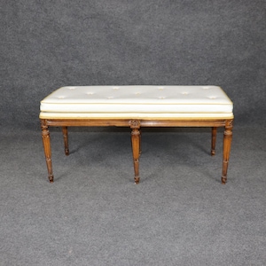 Vintage French Louis XVI Style Tufted Bench: Upholstered Window Seat