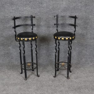 Pair of Industrial Style Wrought Iron Bar Stools, Pair Stools, Vintage Stools. Vintage, Antique, MCM, Mid Century Stools, Furniture, Retro