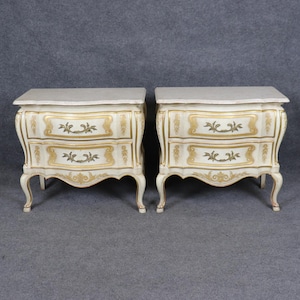Vintage Pair of Venetian Style Paint Decorated Travertine Top Nightstands by John Widdicomb, Dressers, Chest of Drawers, Antique Nightstands