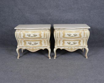 Vintage John Widdicomb Venetian Nightstands: Paint Decorated Travertine Top Pair