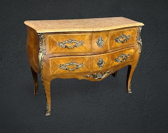 French Louis XV Style Inlaid Marble Top Commode, Chest of Drawers, Dresser, Vintage, Vintage Furniture, Antiques, Antique Furniture, Decor