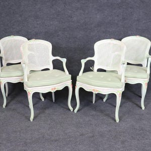 Set of 4 Louis XV Style Mint Green Paint Decorated Cane Back Armchairs, Accent Chairs, Dining Room Chairs, Kitchen Chairs, Furniture, Retro