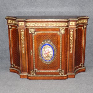 Antique Late 19th Century French Louis XVI Style Bronze Mounted Inlaid Server with Sevres Style Plaque, Cabinet, Vintage Server, Furniture