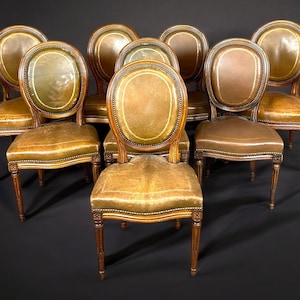 Antique Set of 8 French Louis XVI Style Leather Upholstered Dining Room Chairs, Dining Room Furniture, Kitchen Furniture, Vintage Chairs