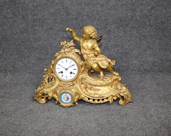French Louis XV Style Bronze Ormolu Mantle Clock: Sevres Style Plaque, Late 19th Century