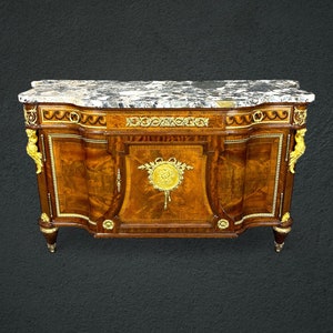 Antique Early 20th Century Louis XVI Style Marble Top Commode with Figural Mounts, Server, Sideboard, Antique Furniture, Furniture, Retro