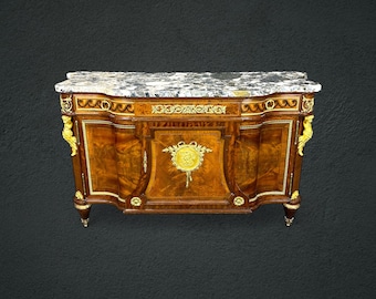 Antique Early 20th Century Louis XVI Style Marble Top Commode with Figural Mounts, Server, Sideboard, Antique Furniture, Furniture, Retro