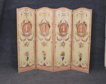 Antique 19th Century Louis XVI Style Paint Decorated 4 Panel Screen, Room Divider, Privacy Screen, Vintage Screen, Living Room Decor, Retro