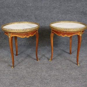 Pair Louis XV Style Brass Mounted Inlaid Marble Top End Tables Side Tables, Accent Tables, Antique Furniture, Marble Top Tables, dpluxuries