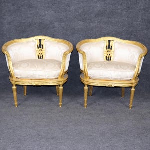 Mid Century Pair of Louis XVI Style Gold Gilt Parlor Chairs, Armchairs, Accent Chairs, Club Chairs, Vintage Chairs, Pair Chairs, Gold Chairs