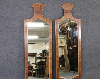 Pair of Mid Century Modern Italian Burled Walnut and Gilt Wall Hanging Mirrors