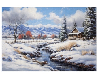 Winter Rural Landscape Home near the Creek Jigsaw Puzzle (1000-Piece)