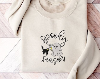 Embroidered Spooky Season Sweatshirt,  Fall Sweatshirt, Ghost Crewneck, Cat Lovers Halloween Sweatshirt, Funny Halloween, Gift For Her,