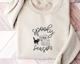 Embroidered Spooky Season Sweatshirt, Fall Sweatshirt, Ghost Crewneck, Cat Lovers Halloween Sweatshirt, Funny Halloween, Gift For Her,