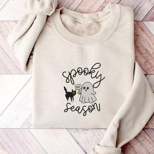 Embroidered Spooky Season Sweatshirt, Fall Sweatshirt, Ghost Crewneck, Cat Lovers Halloween Sweatshirt, Funny Halloween, Gift For Her, image 1