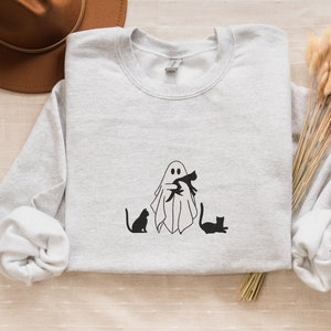 Embroidered Cats Ghost Sweatshirt, Fall Sweatshirt, Ghost Crewneck, Cat Lovers Halloween Sweatshirt, Spooky Season, Gift For Her,