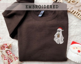 Sweat-shirt fantôme de Noël brodé, sweat-shirt fantôme avec café, col d’équipage brodé drôle, cadeau pour Noël, pull de Noël,