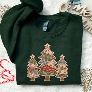 Retro Faux Patchwork Christmas Trees Sweatshirt, Faux Embroidered Xmas Sweater, Cozy Winter Season Hoodie