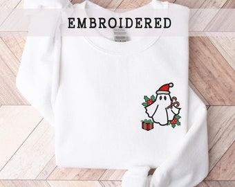 Embroidered Christmas Ghost Sweatshirt, Ghost With Present, Funny Embroidered Crewneck, Embroidery Xmas Pullover, Winter Sweatshirt