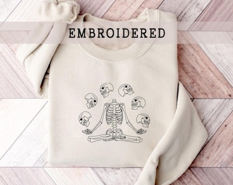 Halloween Embroidered Skeleton Sweatshirt, Funny Embroidered Halloween Pullover, Embroidered Crewneck, Spooky Season, Fall Swetshirt,