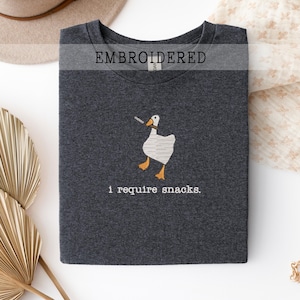 I Require Snacks Embroidered T-shirt, Funny Goose Tee For Snack Lovers, Cozy Animal Gift For Lazy Days,