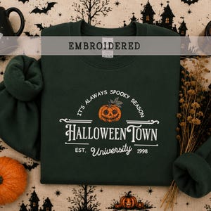 Moletom bordado da Universidade Halloweentown, blusa temática da temporada assustadora, camiseta com estampa de abóbora de outono, presente unissex para o Halloween.