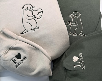 Embroidered Matching Otter Valentines Sweatshirt, Custom Initial Sleeve, Cute Couples Gift, Hoodie for Valentine's Day Celebration,