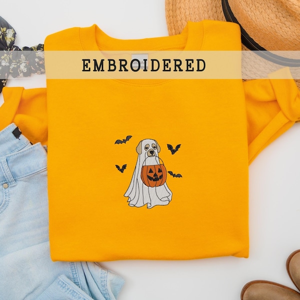 Embroidered Ghost Dog Halloween Sweatshirt, Halloween Ghost Unisex Crewneck, Dog Lovers Gift, Cute Halloween Apparel, Spooky Season Pullover