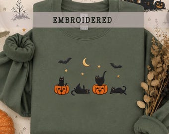 Embroidered Black Cat Sweatshirt, Funny Halloween Sweatshirt, Pumpkin Shirt, Spooky Season, Halloween Crewneck, Fall Sweatshirt For Women
