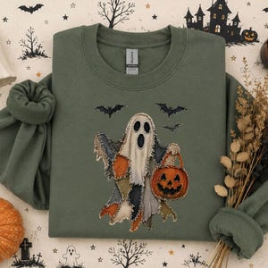 Faux Patchwork Ghost with Pumpkin Crewneck, Cute Fall Sweatshirt, Vintage Halloween Pullover, Spooky Season Gift