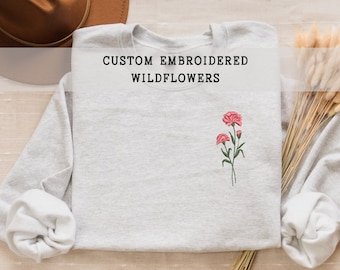 Benutzerdefiniertes Geburtsmonats-Geburtsblumen-besticktes Sweatshirt, Wildblumen-Sweatshirt, Blumen-Hoodie, Geschenke für Mama, Geburtsmonats-Blumenshirt