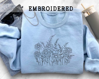 Geborduurde Wildflower trui, bloemensweatshirt, bloemenborduurwerk, Wildflower sweatshirt, botanisch sweatshirt, borduur Cottagecore