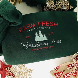 Sudadera navideña de cuello redondo para mujer con árboles de Navidad frescos y bordados, suéter navideño con bordado de pino y abeto, regalo de Navidad.