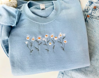 Gänseblümchen besticktes Sweatshirt, Blumen-Sweatshirt, Geschenk für Sie/Beste Freundin, floraler Rundhalsausschnitt, süßes besticktes Shirt, bestickte Wildblume