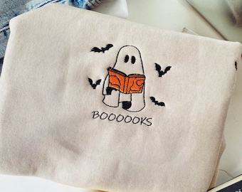 Embroidered Booooks Sweatshirt, Librarian Sweatshirt, Halloween Book Sweatshirt, Ghost Reading Crewneck, Book Lovers Halloween Gift