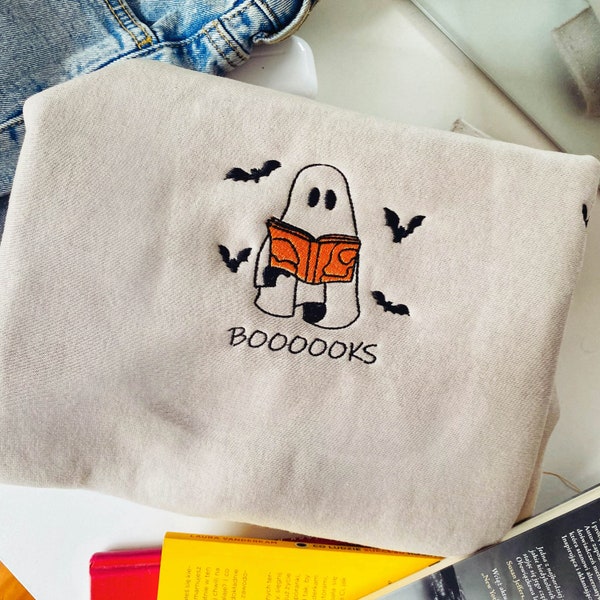 Embroidered Booooks Sweatshirt, Librarian Sweatshirt, Halloween Book Sweatshirt, Ghost Reading Crewneck, Book Lovers Halloween Gift