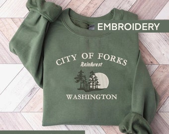 Suéter bordado de la ciudad de Forks Washington, sudadera con capucha de Washington, cuello redondo del bosque, sudadera crepuscular, regalo para Fan City of Forks,