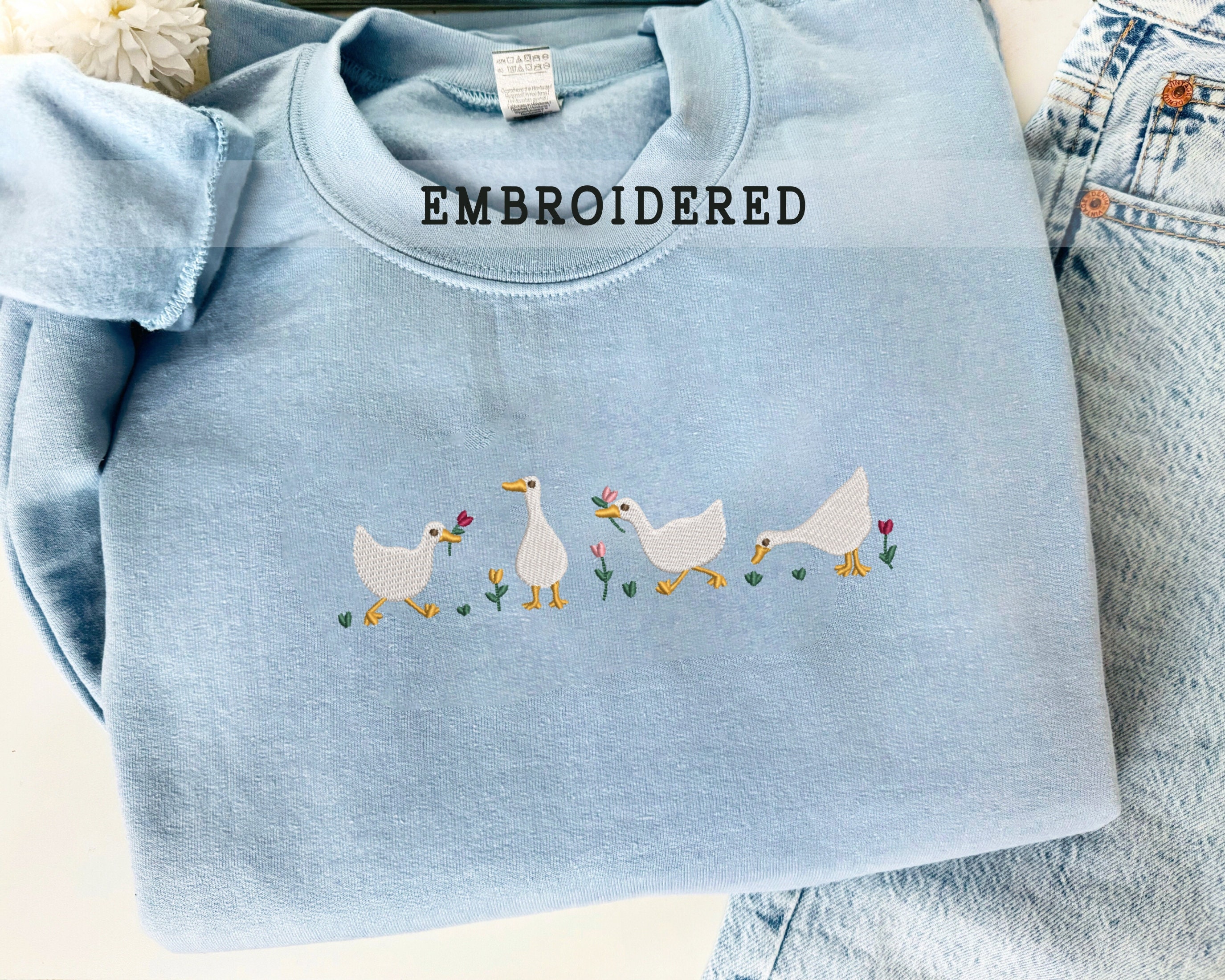 [GRAVER]★DUCK FLOWER EMBROIDERY SMILE SWEATSHIRT Amazon.com: Embroidered Flower Sweatshirt for Women