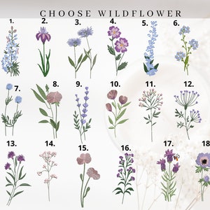 May include: A chart with 18 different embroidered wildflowers, each labeled with a number from 1 to 18. The wildflowers are in shades of purple, blue, and pink.