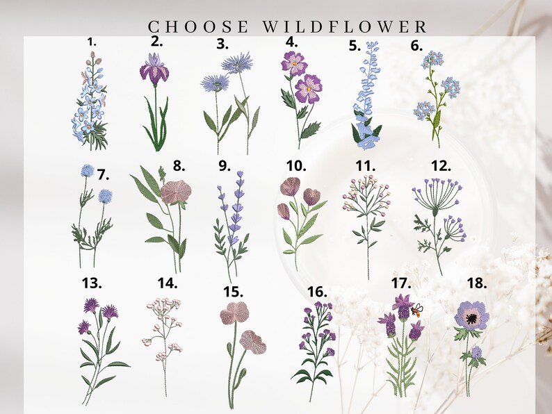May include: A chart with 18 different embroidered wildflowers, each labeled with a number from 1 to 18. The wildflowers are in shades of purple, blue, and pink.