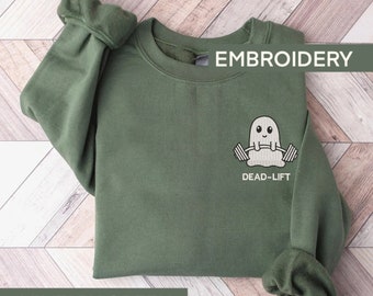 Embroidered Gym Ghost Sweatshirt, Spooky Season Sweater, Fitness Lover Halloween Shirt, Weightlifting Hoodie, Funny Ghost T-shirt