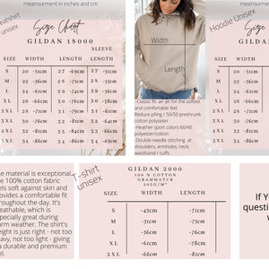 May include: A size chart for Gildan 18000 sweatshirts, 18500 hoodies, and 2000 t-shirts. The charts display width, length, and sleeve length measurements in inches and centimeters for sizes S through 5XL, including fabric details and care information.