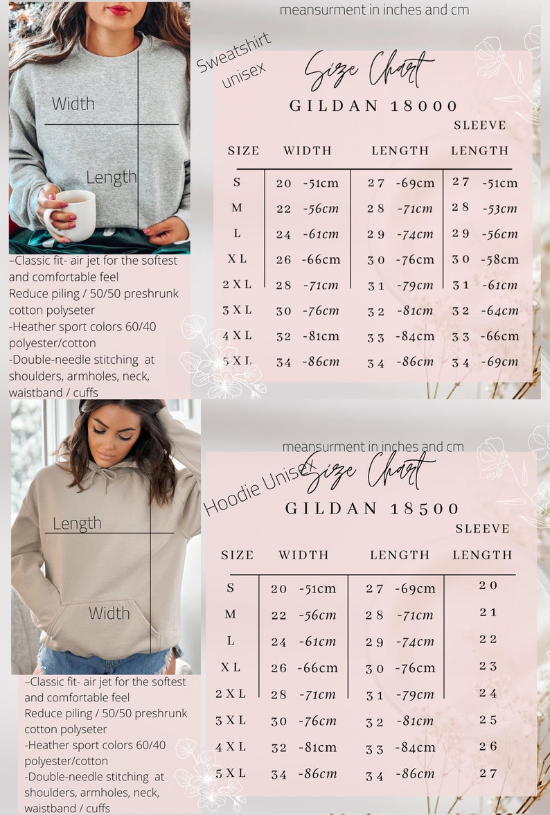K&ouml;nnte beinhalten: Gr&ouml;&szlig;entabelle f&uuml;r Gildan 18000 und 18500 Sweatshirts und Hoodies. Die Tabelle zeigt die Breite, L&auml;nge und &Auml;rmell&auml;nge in Zoll und Zentimetern f&uuml;r die Gr&ouml;&szlig;en S bis 5XL.