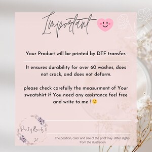 May include: A light pink graphic with the word "Important" in cursive script, a smiling face, and text about DTF transfer printing. The text mentions durability, washing, and checking measurements. The Print of Beauty logo is at the bottom.